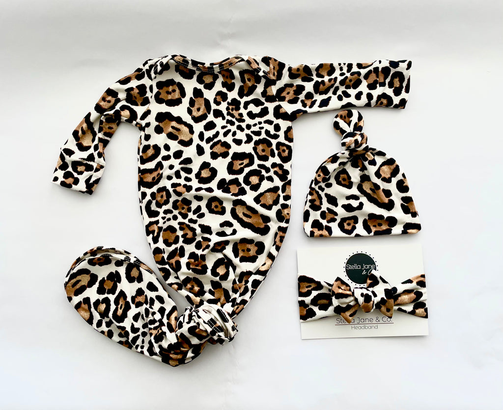 Ivy Leopard Print Knotted Gown + Hat + Headband Set