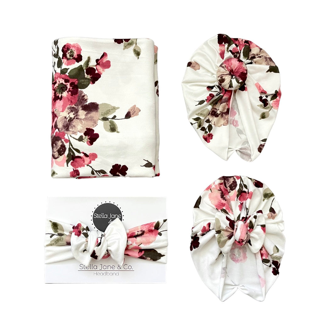 Morgan Wine and Pink Floral  Swaddle + Turban Set